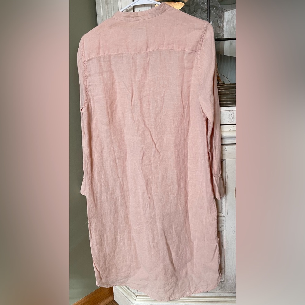 Linen shirt dress pale peach mandarin collar $179 Mr. Mrs. Mood medium - Picture 3 of 7